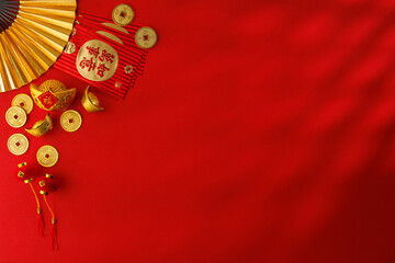 Auspicious Chinese New Year: Top View of Festive Decorations in Red and Gold
