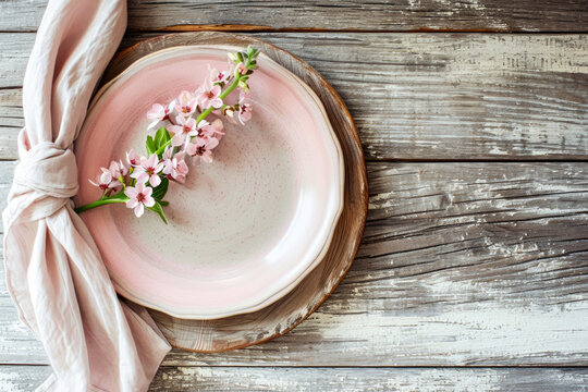Empty plate with pink flowers on rustic wooden table background, top view. High quality photo