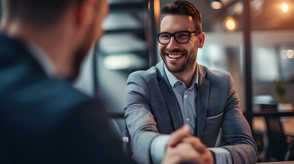 Fototapeta premium Business, career, and placement concept a prosperous young man shaking hands and grinning with a businessman from Europe following productive office interviews or negotiations