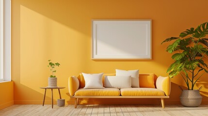 an empty picture frame hangs on the coloured wall in a modern room
