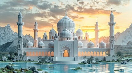 Naklejka premium Mosque using geometric elements in a paper-cut style. Showcase artistic impressions, with lighting creating dimension and integrated shadows, all within a serene white setting.