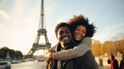 Young couple by Eiffel tower at sunset in Paris the city of love by Ai generate.