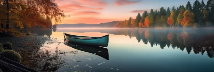 Fotobehang A peaceful sunset scene on a calm lake with reflections and a rowing boat © Wolfilser