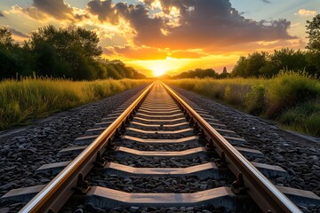 Obraz premium Railway Tracks Leading into the Horizon at Sunrise