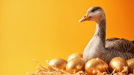 Goose sitting by golden eggs against yellow background