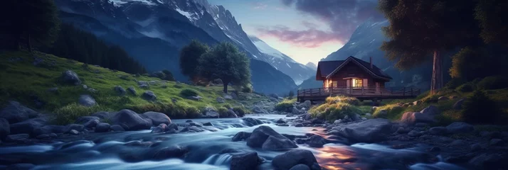 Fototapeten Old romantic illuminated wooden cabin in the mountains by a wild stream torrent at dusk © Wolfilser