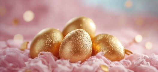 Many shiny golden eggs on pink background with bokeh.