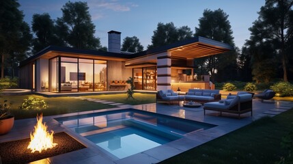 modern residential building with fire place and swimming pool in garden in the evening