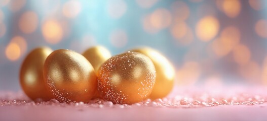 Many shiny golden eggs on pink and blue background with bokeh.