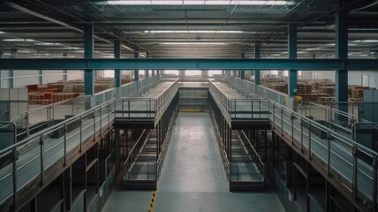 Obraz premium interior view of factory warehouse with shelves stacked