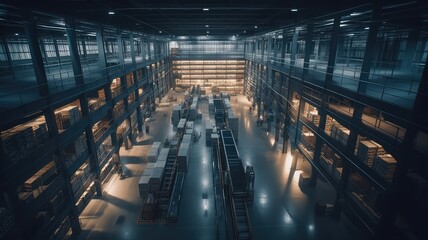 interior view of logistic warehouse for cardboard parcel storage