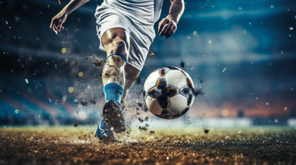 A football is played at speed by the player in the stadium - obrazy, fototapety, plakaty