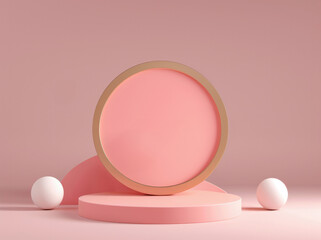 Empty circle podium with circular backdrop and pink background. High quality photo