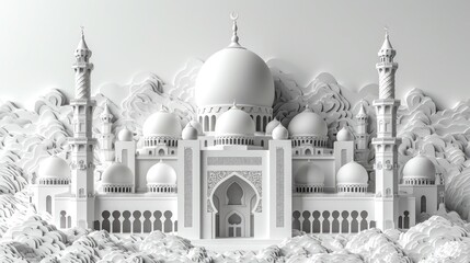 mosque with intricate paper-cut details. symmetrical perfection, elegant visual balance, and the play of natural light and shadows, all against a pristine white background. - obrazy, fototapety, plakaty