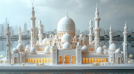 Obraz premium mosque with intricate paper-cut details. symmetrical perfection, elegant visual balance, and the play of natural light and shadows, all against a pristine white background.