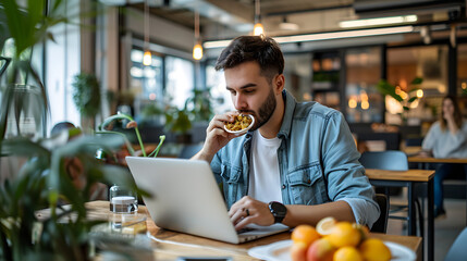 Concentrated man using laptop at work and eating food - obrazy, fototapety, plakaty