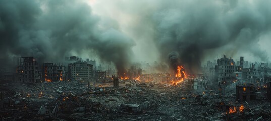 Post apocalypse city background after nuclear war. Destroyed city buildings. Generative AI technology.	
