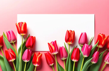 Women's Day card, a frame of pink and red tulips.