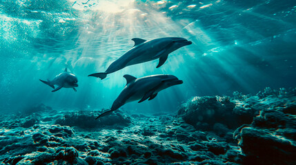 dolphins swim in the sea. Selective focus.