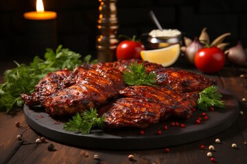 Sizzling indian tandoori chicken grilled to perfection served on a vintage wooden table