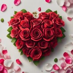 A red heart made of roses on a white background. The roses are arranged in a circle, and the heart is surrounded by pink and white petals. The image is for Valentine's Day