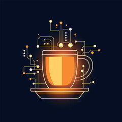 A cup of coffee stylized as a microcircuit on a dark background.