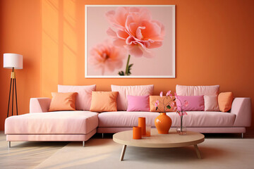 living room interior in peach tones, minimalism