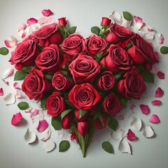 A red heart made of roses on a white background. The roses are arranged in a circle, and the heart is surrounded by pink and white petals. The image is for Valentine's Day
