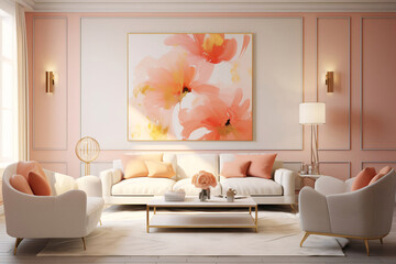living room interior in peach tones, minimalism