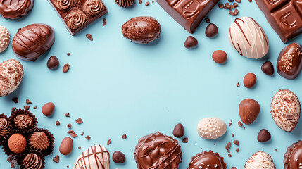 Easter chocolate egg and candies on pastel background with copy space. Selective focus.