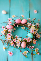 Easter Beautiful wreath on a blue background. Selective focus.
