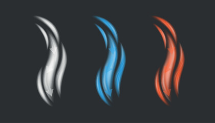 Set of abstract air light effects with arrows indicating the direction of air movement. Normal, cold and hot airflow