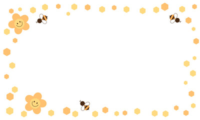 Beehive honey sign, cute flower and bee cartoons on white background vector illustration.