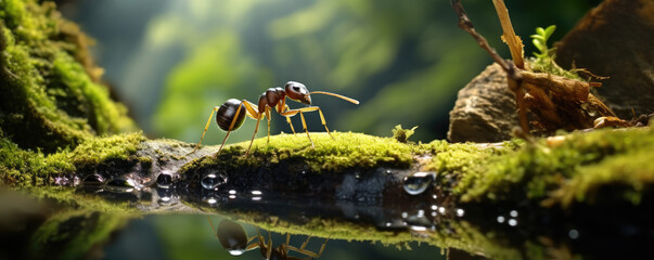 Ant in green nature near water or forest brook. Ants drinking detail, copy space for text.