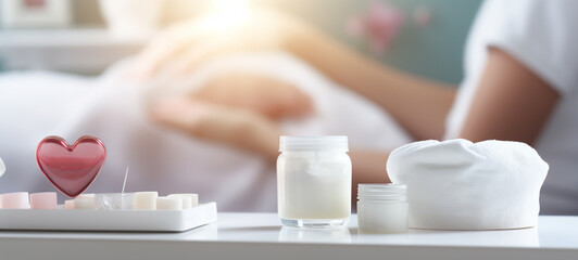 Obraz na płótnie Canvas Jars of cream, a cotton sponge, with a beauty treatment in the background, generative ai