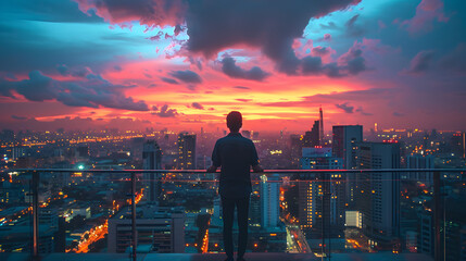 Man standing on a penthouse overlooking the city's nighttime sky at dusk - obrazy, fototapety, plakaty