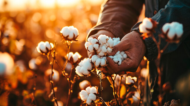 Farmer holding cotton flowers in the field. Selective focus.