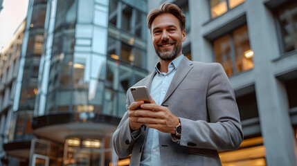 Photograph of a smart, self-assured, cheerful adult in a gray suit standing outside an office building, grinning and holding a phone. Online correspondence and work. Make a copy of the space