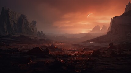 Landscape of unknown red planet surface with craters and mountains. Extraterrestrial landscape. 3D render. High quality generative ai.