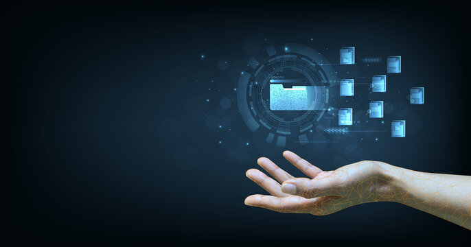 Document management system concept. Document management information system icon on the hand. organize, and manage digital documents. Centralized repository for storage, and distribution.