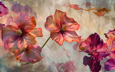 collage of flower images on a canvas of painted backgrounds, with petals and leaves 
