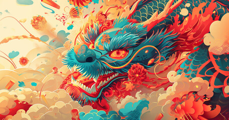 Colorful illustration capturing the festive atmosphere of Chinese New Year with dynamic firecracker - obrazy, fototapety, plakaty