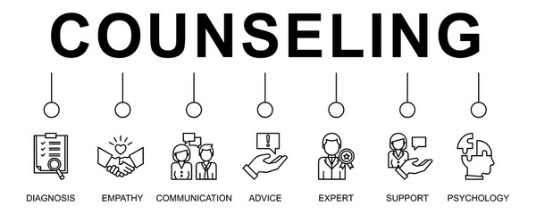 Counseling banner web icon vector illustration concept for counseling psychology and mental healthcare with an icon of diagnosis, empathy, communication, therapy, advice, expert, and support