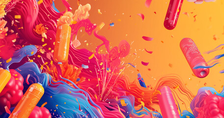 Energetic Chinese New Year illustration featuring vibrant firecrackers, capturing the festive fervor and the dynamic spirit of the celebration. A burst of color heralding the joyous start to the Lunar - obrazy, fototapety, plakaty