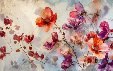 collage of flower images on a canvas of painted backgrounds, with petals and leaves overlapping