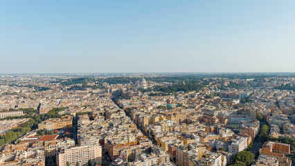 Rome, Italy. View of the Vatican. Dome of the Basilica di San Pietro, Flight over the city. Evening time, Aerial View