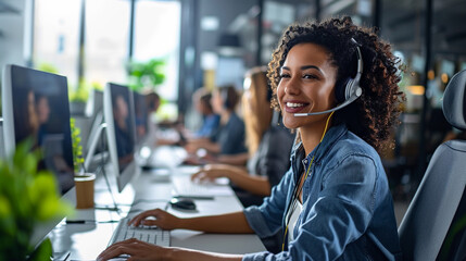 Happy call center sales representative smiles while using headsets. Generative AI