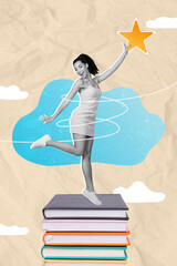 Vertical collage creative poster illustration black white filter happy excited joyful young lady catch star sky exclusive beige background