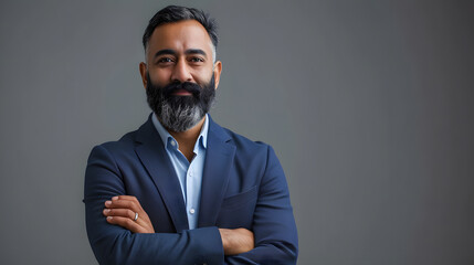 Standing alone on gray with his arms crossed is a proud, self-assured, bearded Indian businessman, investor, wealthy ethnic CEO, corporate executive, professional lawyer, and banker. picture - obrazy, fototapety, plakaty