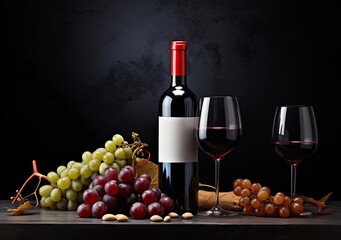 Obraz premium two bottles of wine and grapes on a background dark surface